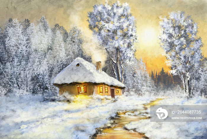 Oil paintings rural landscape,  house in the snow. Winter sunset in snowy forest, old house in the f