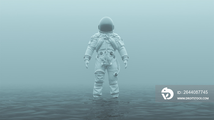 Astronaut in an White Advanced Crew Escape Suit with Black Visor Standing in Water in a Foggy Overca