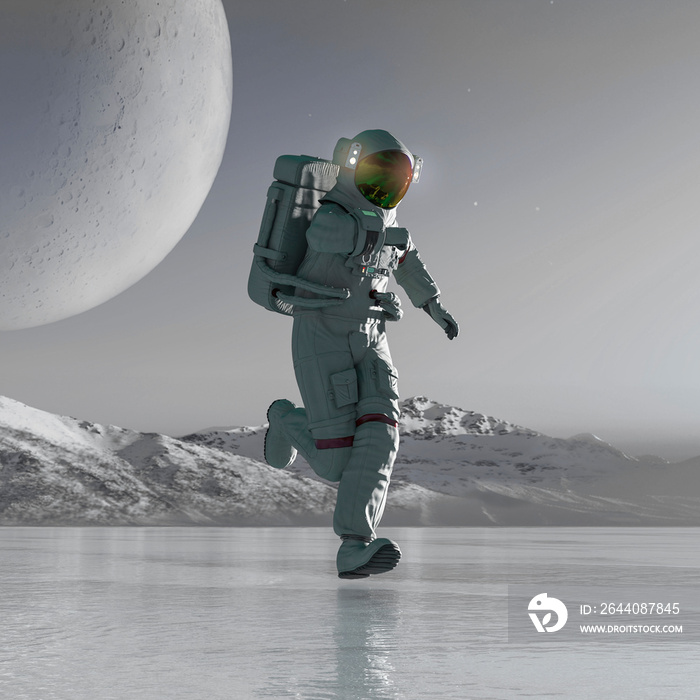 astronaut in another planet is running on the ice lake