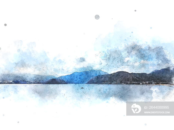 抽象的日本彩色山脉和河湖在水彩画backgro上