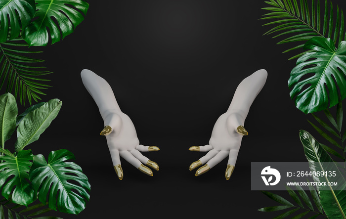 3d render. White and gold hands of a mannequin on a black background and tropical frame made of leav