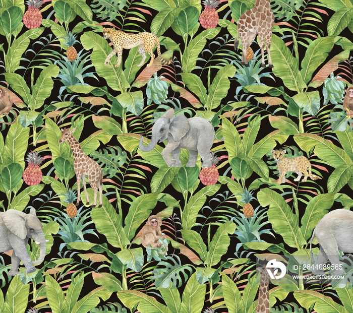 Hand drawn colorful seamless pattern with watercolor wild exotic animals, palm leaves, exotic plants