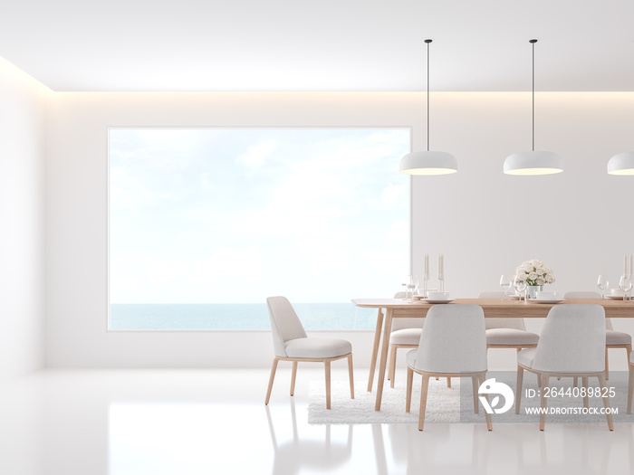 简约的白色餐厅3d渲染，用白色织物椅子和简单的木桌子装饰，有