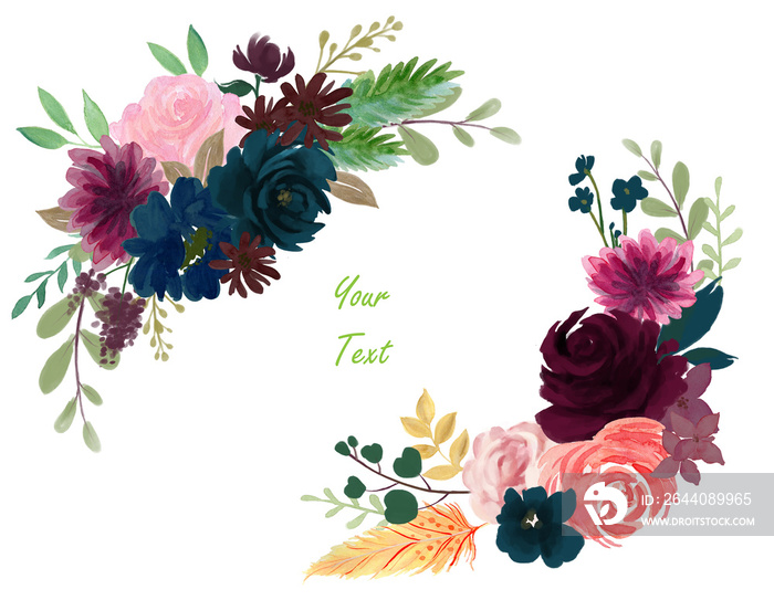 水彩画复古花卉组合粉红勃艮第和海军蓝花香和羽毛