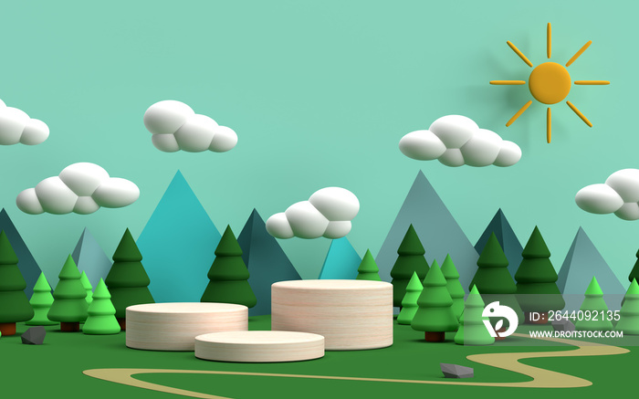 带山脉、森林、云层和阳光的儿童或婴儿讲台3D渲染