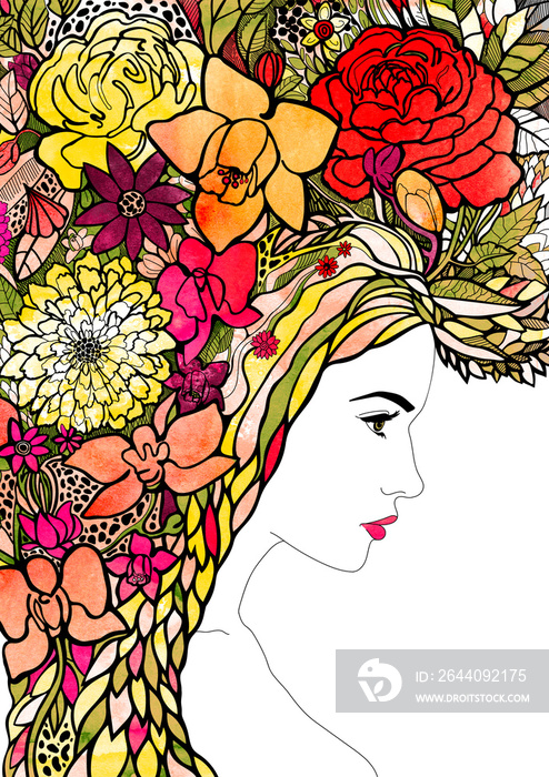 summer girl. fantasy bright colorful illustration. portrait of a beautiful woman. a hairstyle of flo