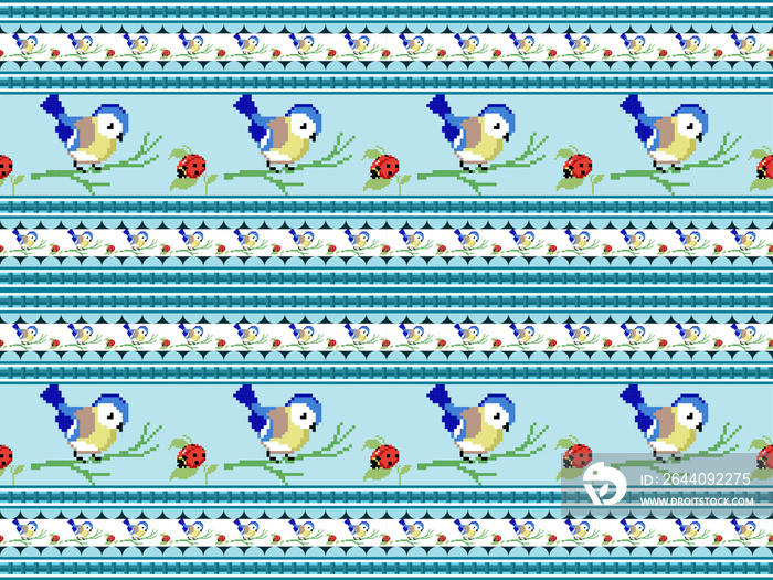 蓝色背景上的鸟卡通人物无缝图案。像素风格