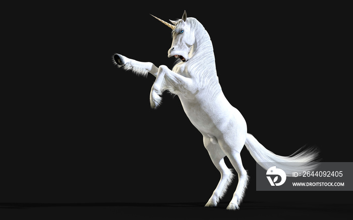 3d插图神话般的白色独角兽在黑暗背景下用剪辑路径摆出隔离姿势。