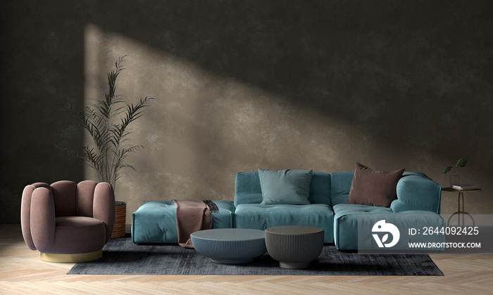 Modern cozy living room and concrete wall texture background interior design / 3D rendering