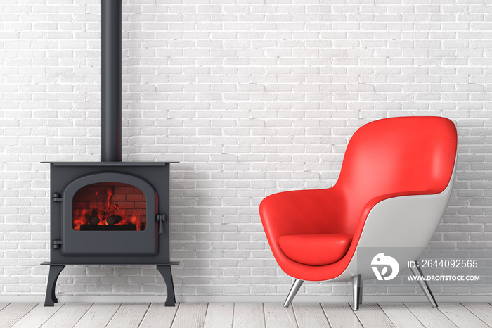 Modern Red Leather Oval Shape Relax Chair with Classic Оpen Home Fireplace Stove with Chimney Pipe a