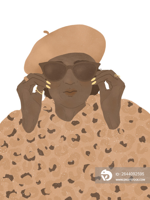 quirky stylish senior woman wearing a fashionable leopard print coat, a beret and a pair of sunglass