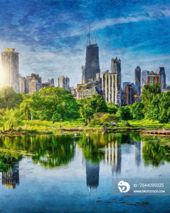 真实的绘画现代艺术作品芝加哥美国画在石油城市中心的摩天大楼和拱门