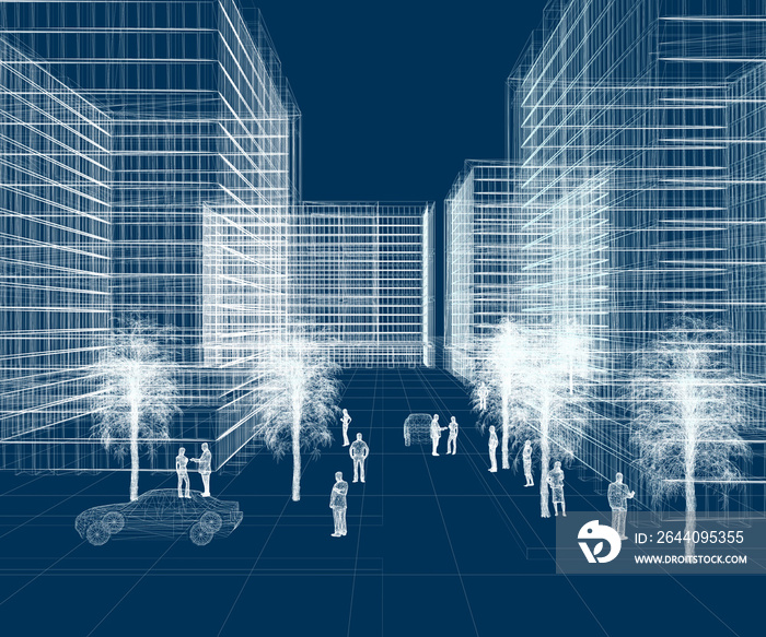 People in the city, wireframe technique, original 3d rendering