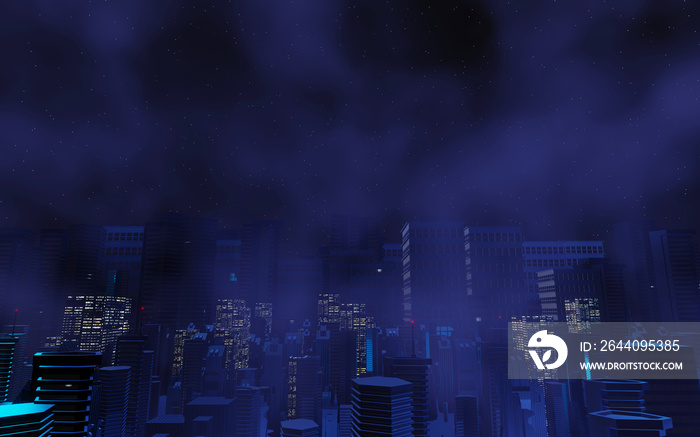 3d render of Cyber punk night city landscape concept. Light glowing on dark scene.  Night life. Tech