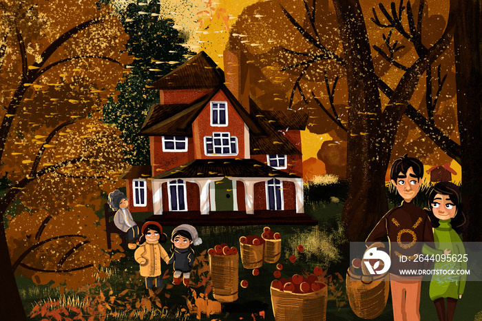 Autumn forest and family illustration and cute story.