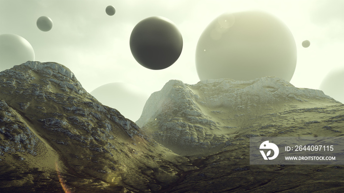 Rocky Hills with Floating Alien Geometric Sphere Shapes 3d rendering 3d illustration