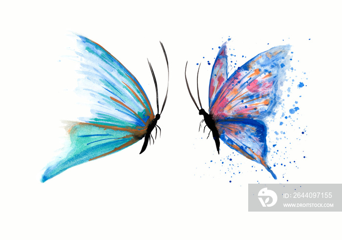 beautiful blue butterflies hand drawn with watercolors, watercolor blue butterflies with paint splat