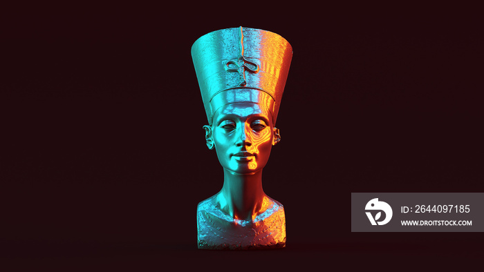 Nefertiti银质半身像，配红橙色和蓝绿色Moody 80年代照明正面视图3d插图