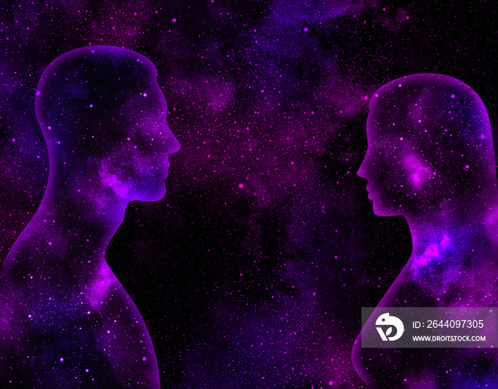 Female and male shining silhouettes on a background of purple starry universe