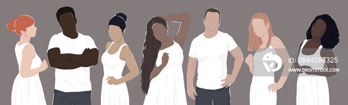 set of drawn diverse people in white clothes. women and men from different ethnic groups. modern fla