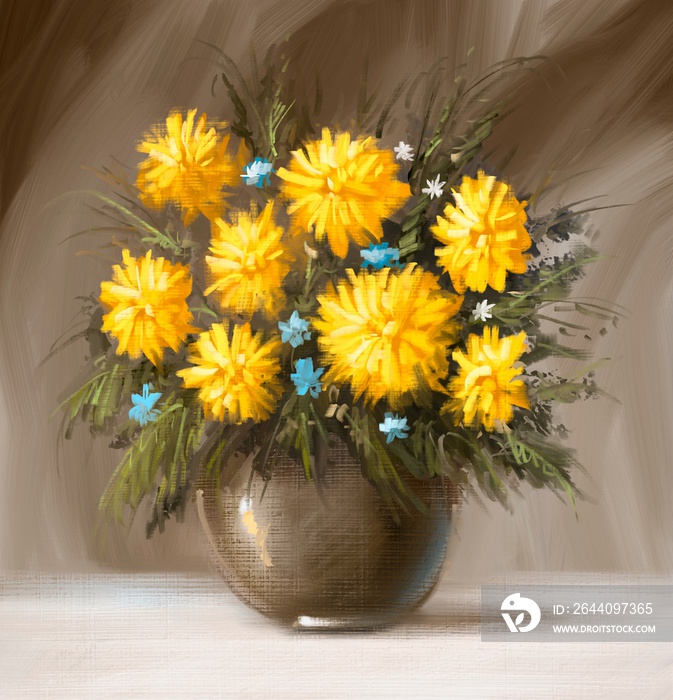 画布油画，静物花，花瓶里的一束黄色花朵