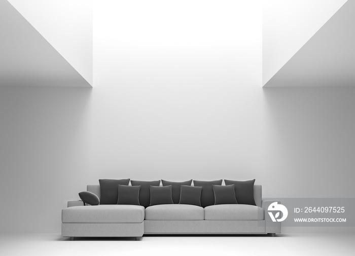 现代白色客厅室内极简风格3d渲染图。有纯白色的房间，家具