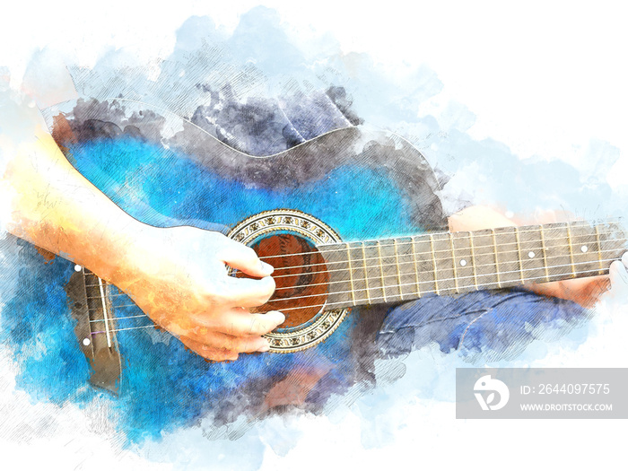 Abstract beautiful playing acoustic Guitar in the foreground on Watercolor painting background and D