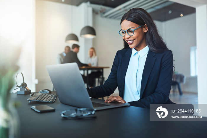 Smiling young African American businesswoman working on a laptop