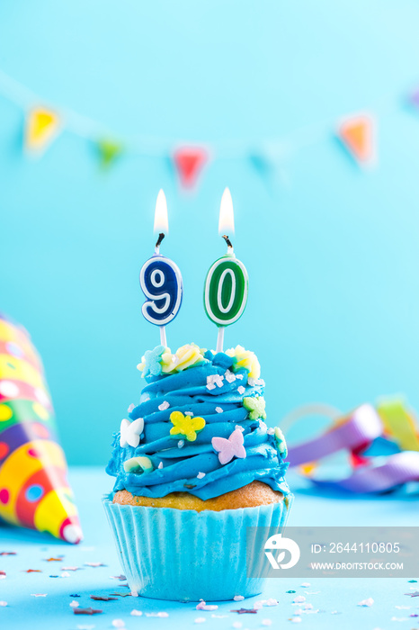 Ninetieth 90th birthday cupcake with candle. Card mockup.