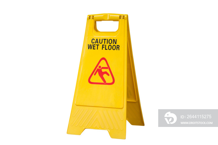 Yellow Caution slippery wet floor sign isolated on white background