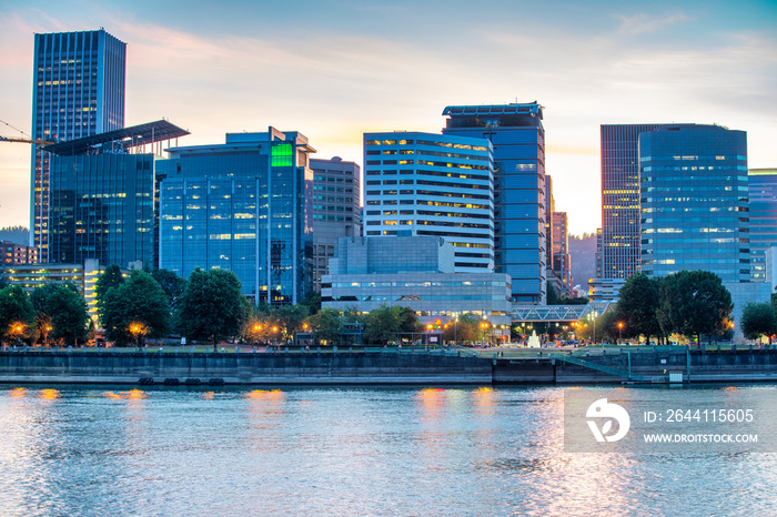 Portland night skyline and river reflections, Oregon