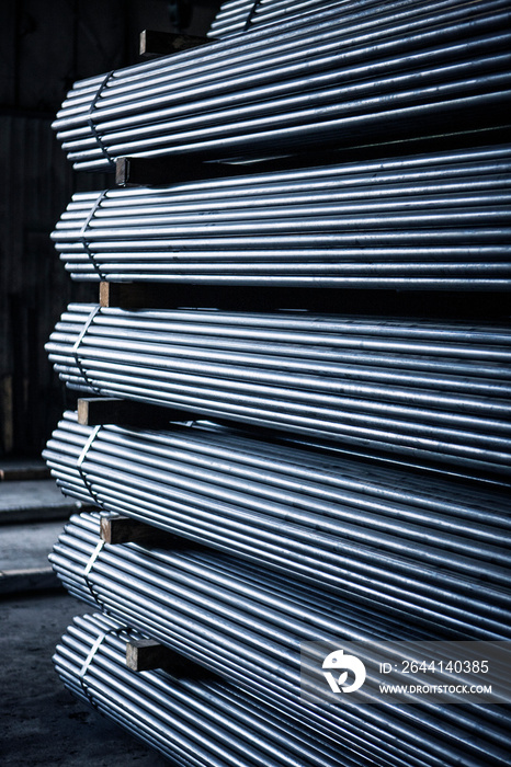 Bundles of steel rods in warehouse