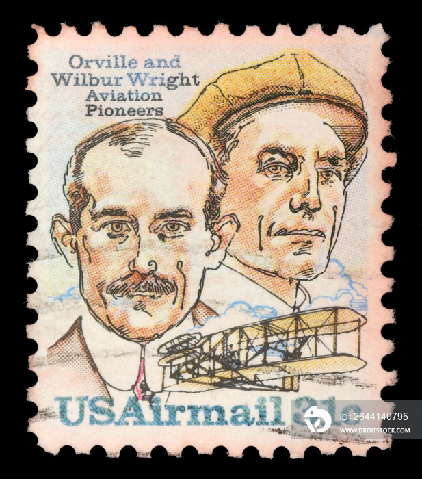 Stamp printed in USA shows image of the brothers Orville and Wilbur Wright - American aviation pione