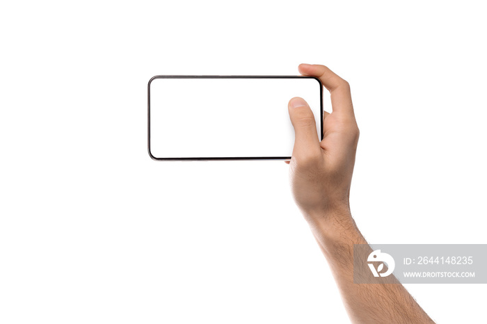 Man holding smartphone with white blank screen