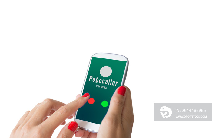 Smartphone showing on screen an illegal robocall. Smartphone showing a call from a robocaller on scr