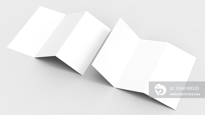 A4.柔软灰色背景上的空白三折纸质小册子模型，带有柔和的阴影和高光。3
