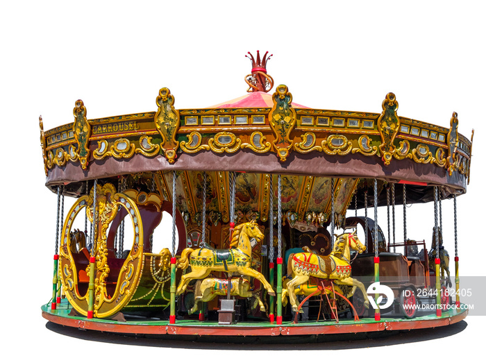 Old fashioned merry-go-round fairground attraction with horses, cart and a slay. Isolated on a white