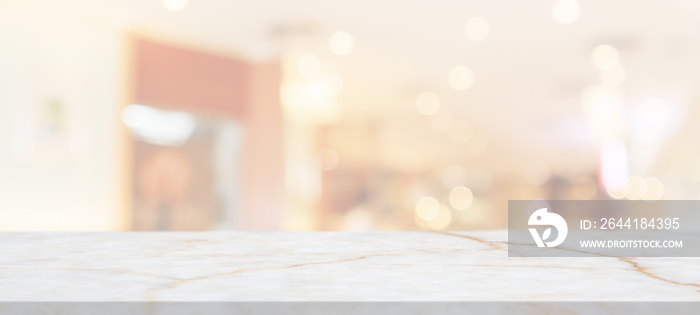 marble table top with blurred abstract cafe restaurant interior background