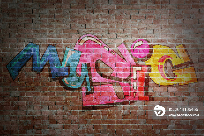 砖墙背景上的彩色单词MUSIC。涂鸦风格