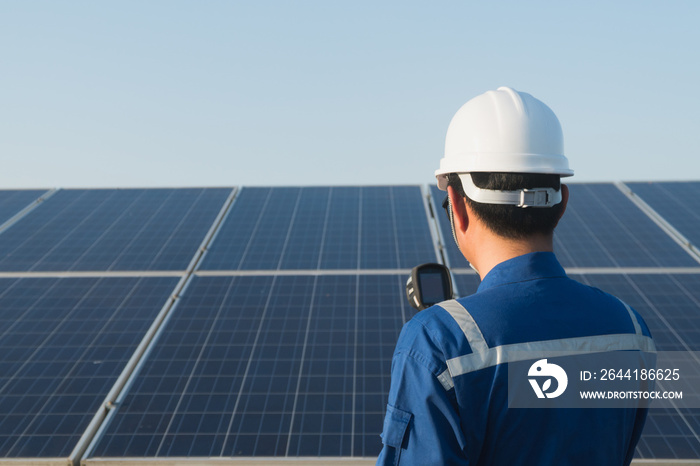 engineer using thermal imager to check temperature heat of solar panel