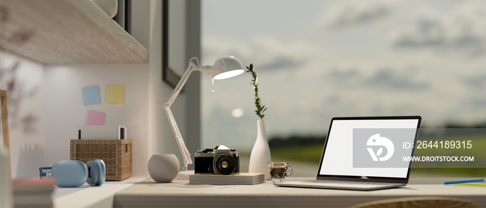 Modern contemporary home office interior with laptop computer mockup