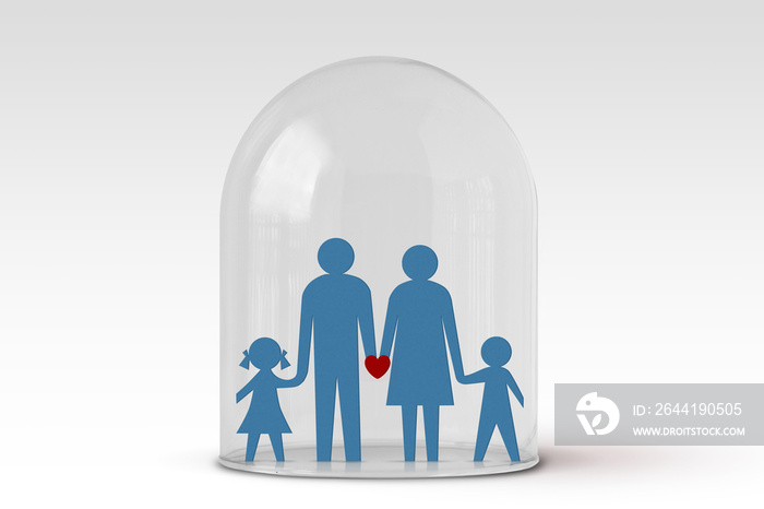 玻璃钟下的纸质家庭剪影-家庭保护的概念