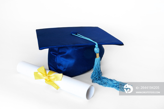 Blue Graduation Cap With Diploma Isolated on White Background