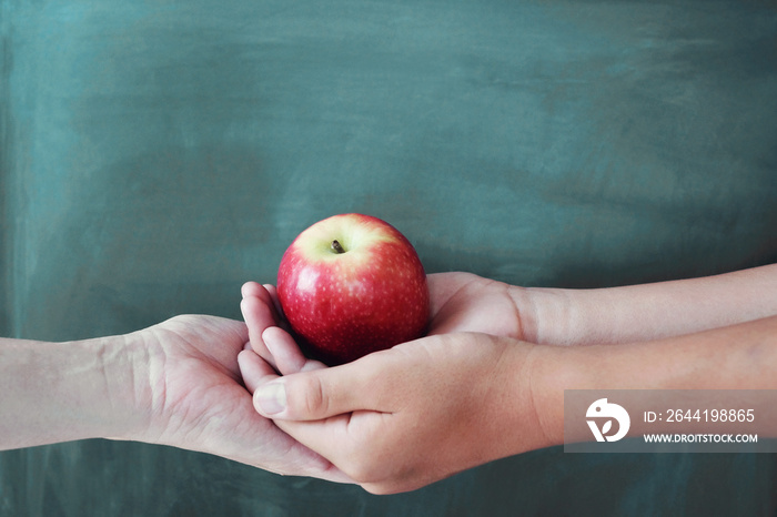 Student and teacher hands holding red apple with chalkboard background, Happy teachers day, health,