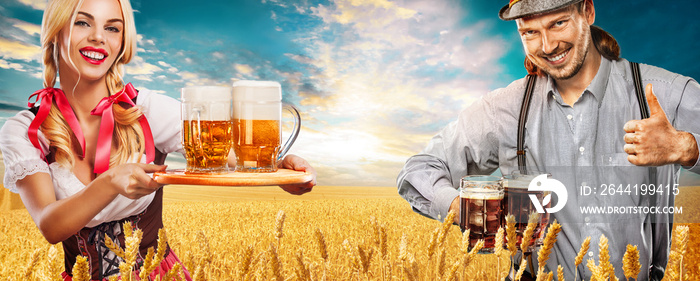 Portrait of Oktoberfest man and woman, wearing a traditional Bavarian clothes, serving big beer mugs