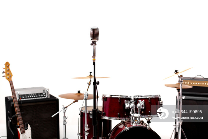 Microphone and music instrument. Microphone in a recording studio with drum on background.