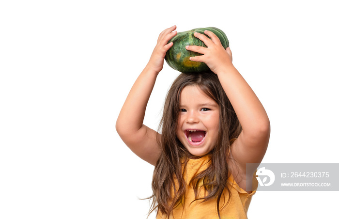 Child with pumpkin isolated on white background