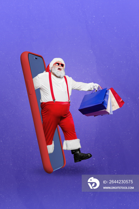 Vertical creative collage photo of satisfied funny santa claus come out of phone hold shopping bags 