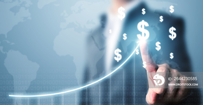 Businessman pointing dollar currency icon with a map and graph growing growth, Concept online transa