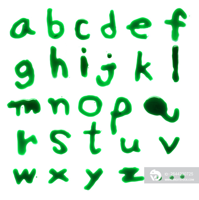 Letters A-Z (English lowercase) dripping with green blood on whi